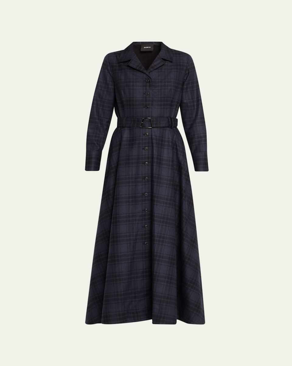 Flannel Plaid Belted Long-Sleeve Maxi Shirtdress